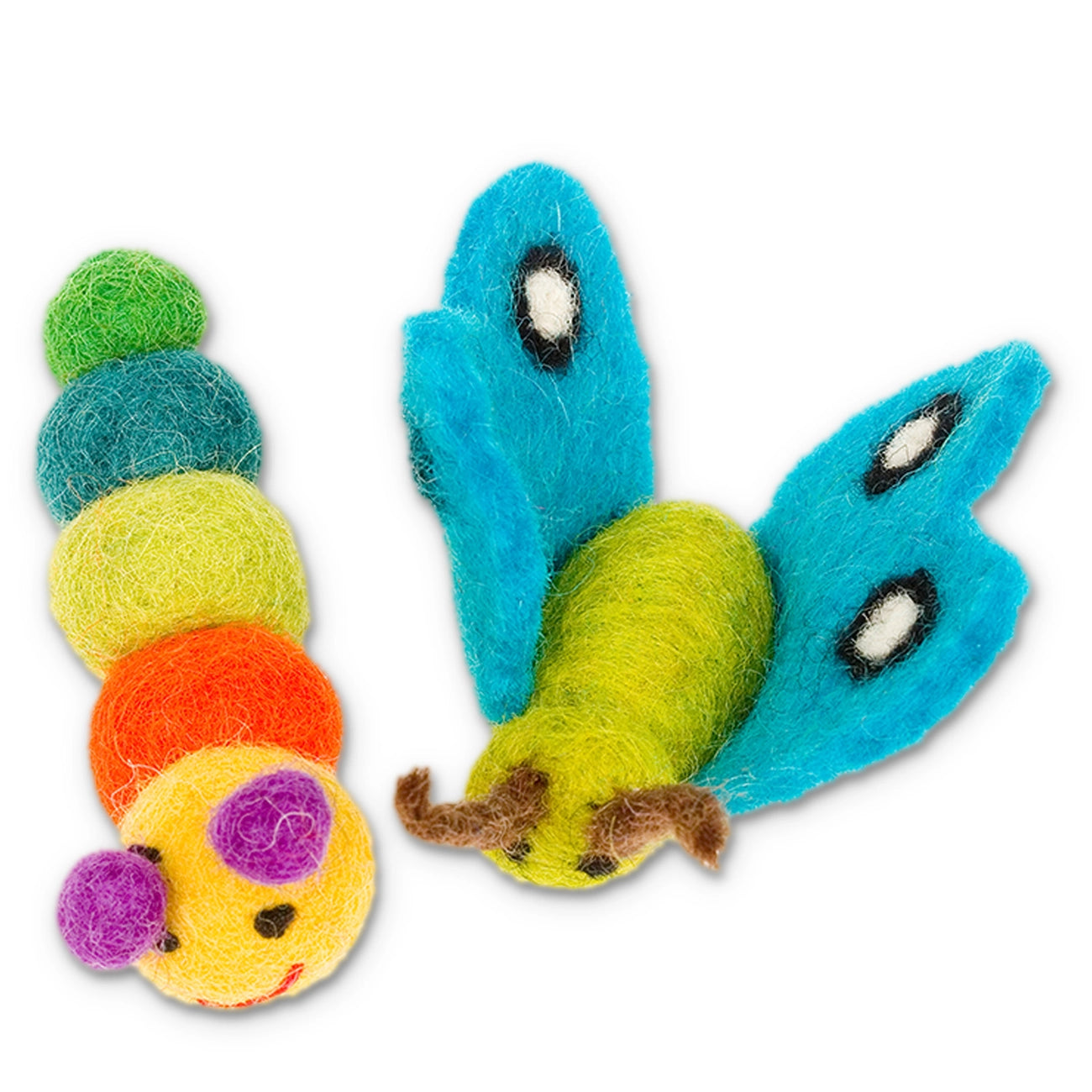 Colorful caterpillar and butterfly toy on a white background