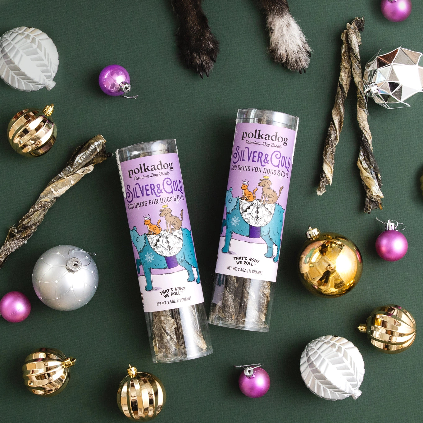Polka Dog Holiday Tube: Silver & Gold Cod Skin