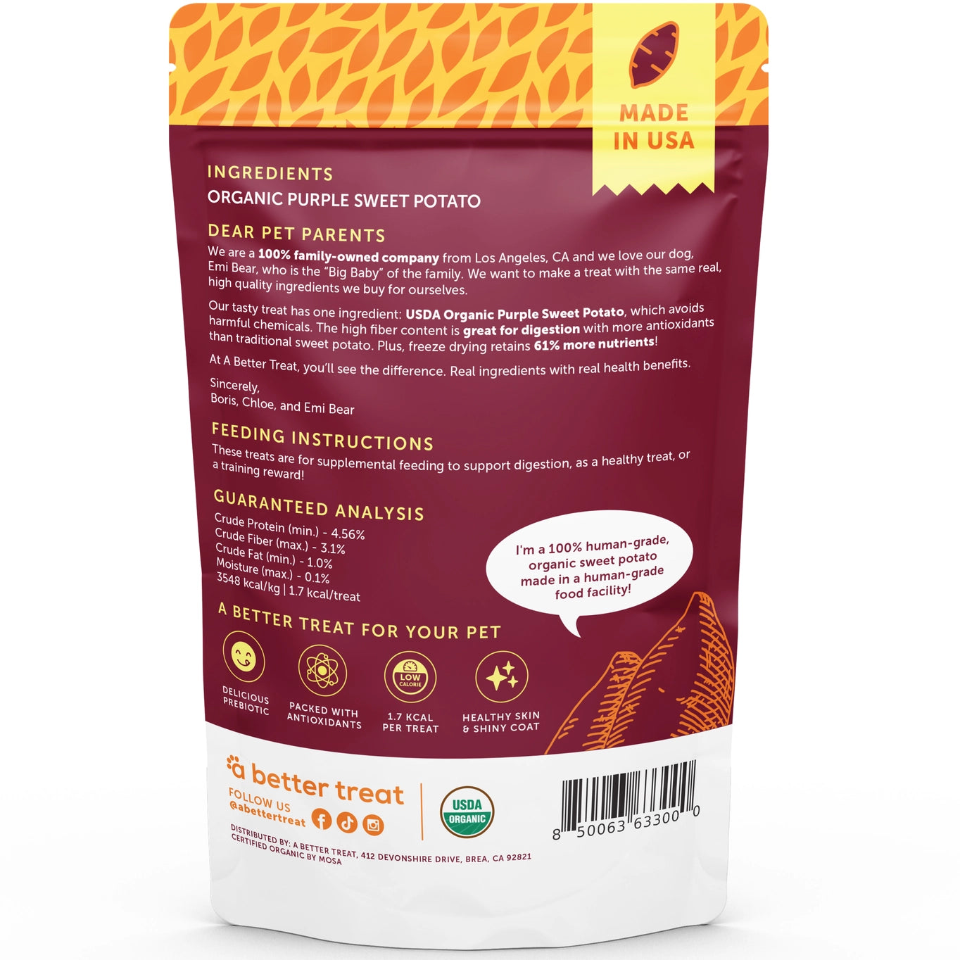 A Better Treat Freeze Dried Raw USDA Organic Purple Sweet Potato Dog and Cat Treats