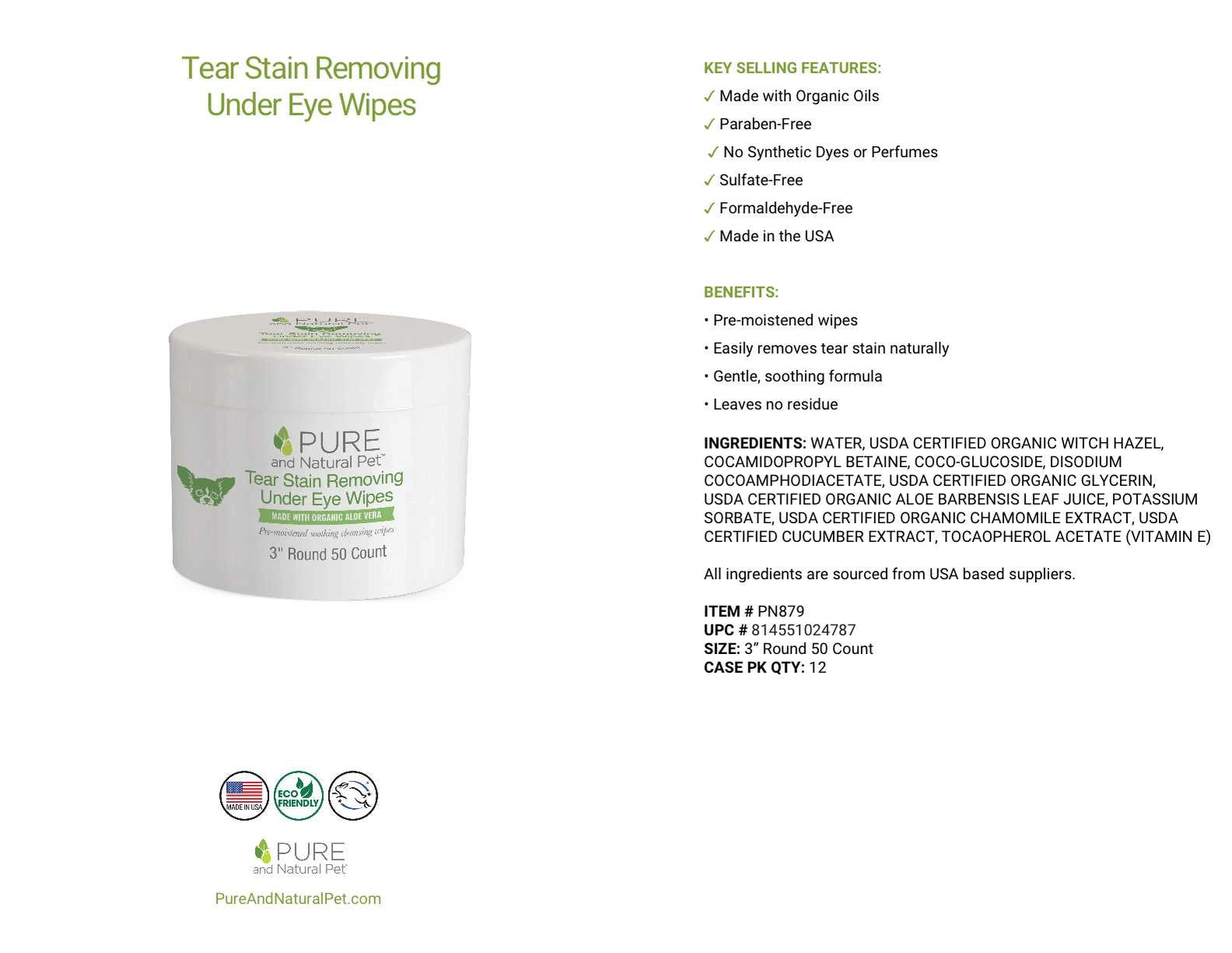 Pure And Natural Pet Tear Stain Removing Under Eye Wipes For Dogs