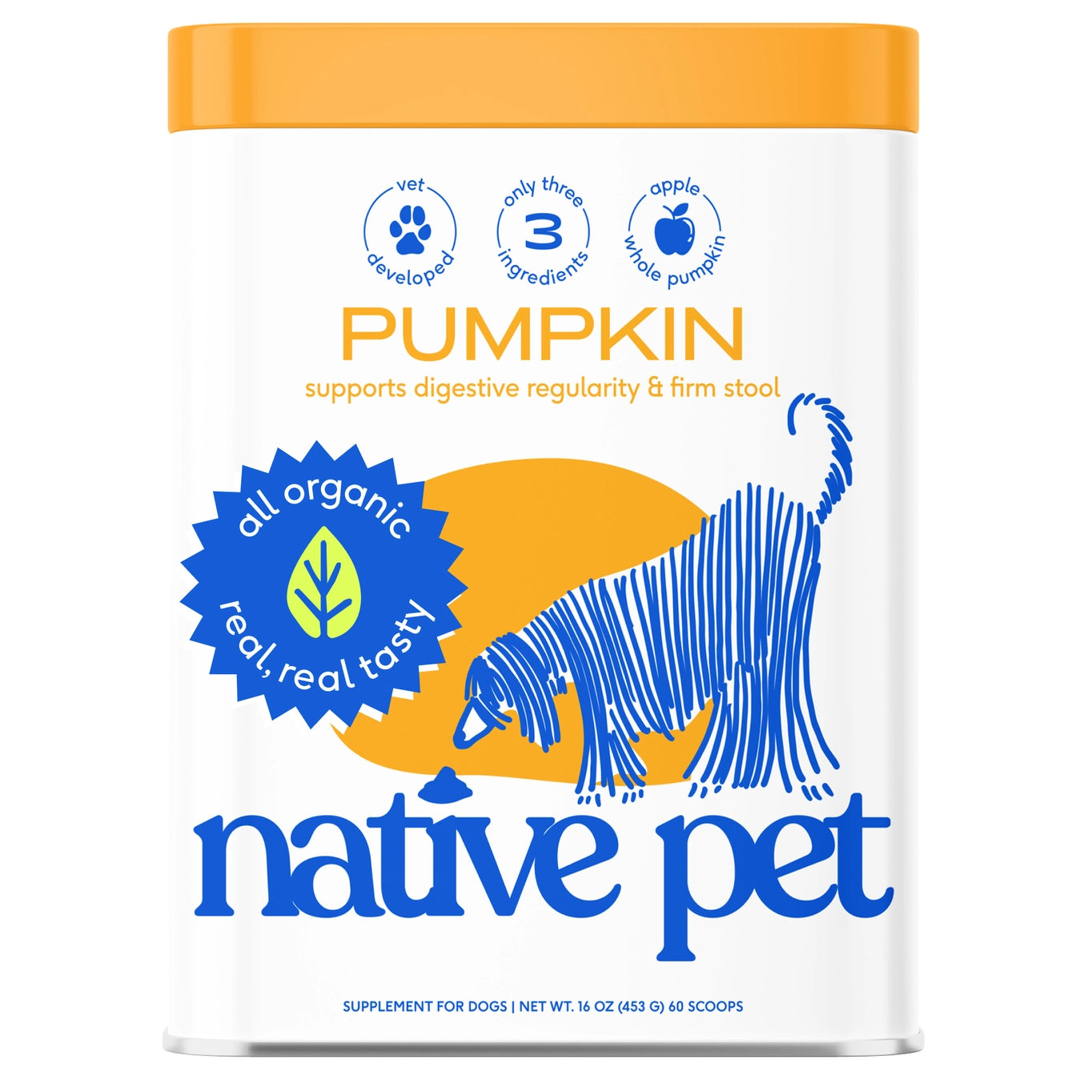 Native Pet Organic Pumpkin Fiber Powder, Digestive Supplement For Dogs 16oz