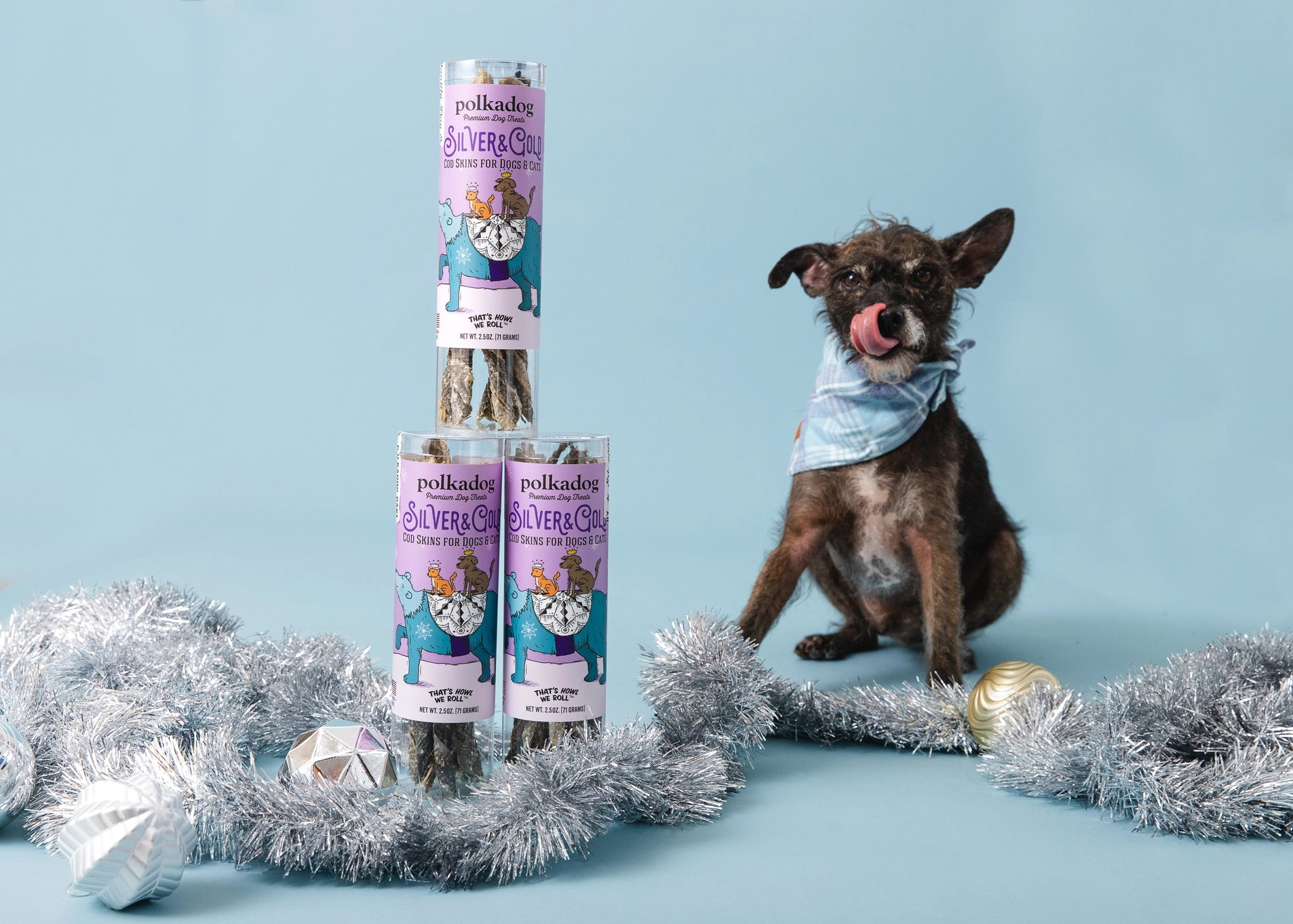 Polka Dog Holiday Tube: Silver & Gold Cod Skin
