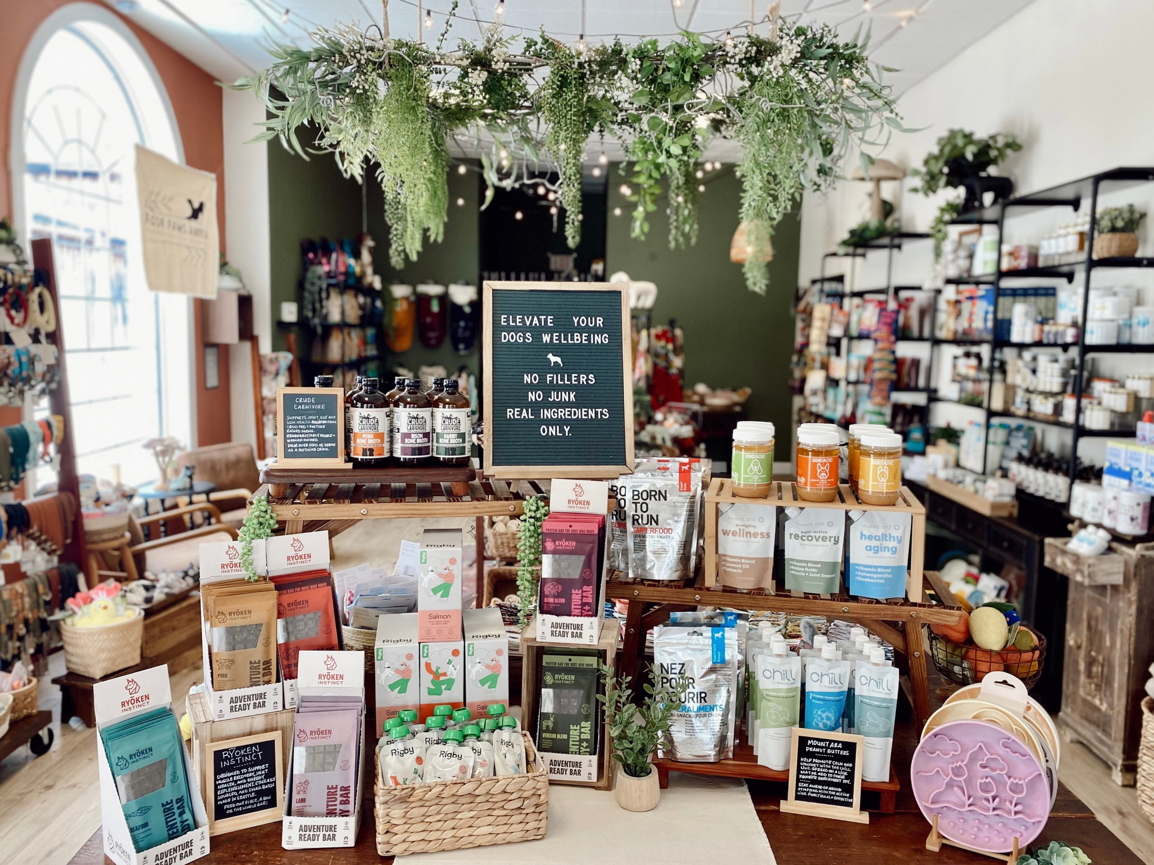 Four Paws Annex. Holistic Pet Shop. Store interior with product displays and a chalkboard sign. Dog treats, dog health, pet wellness.