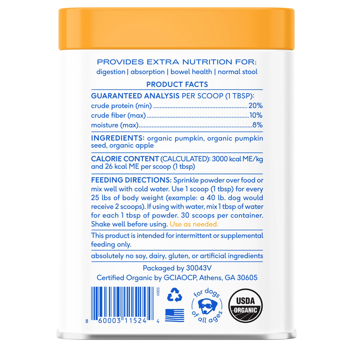 Native Pet Organic Pumpkin Fiber Powder, Digestive Supplement For Dogs 16oz