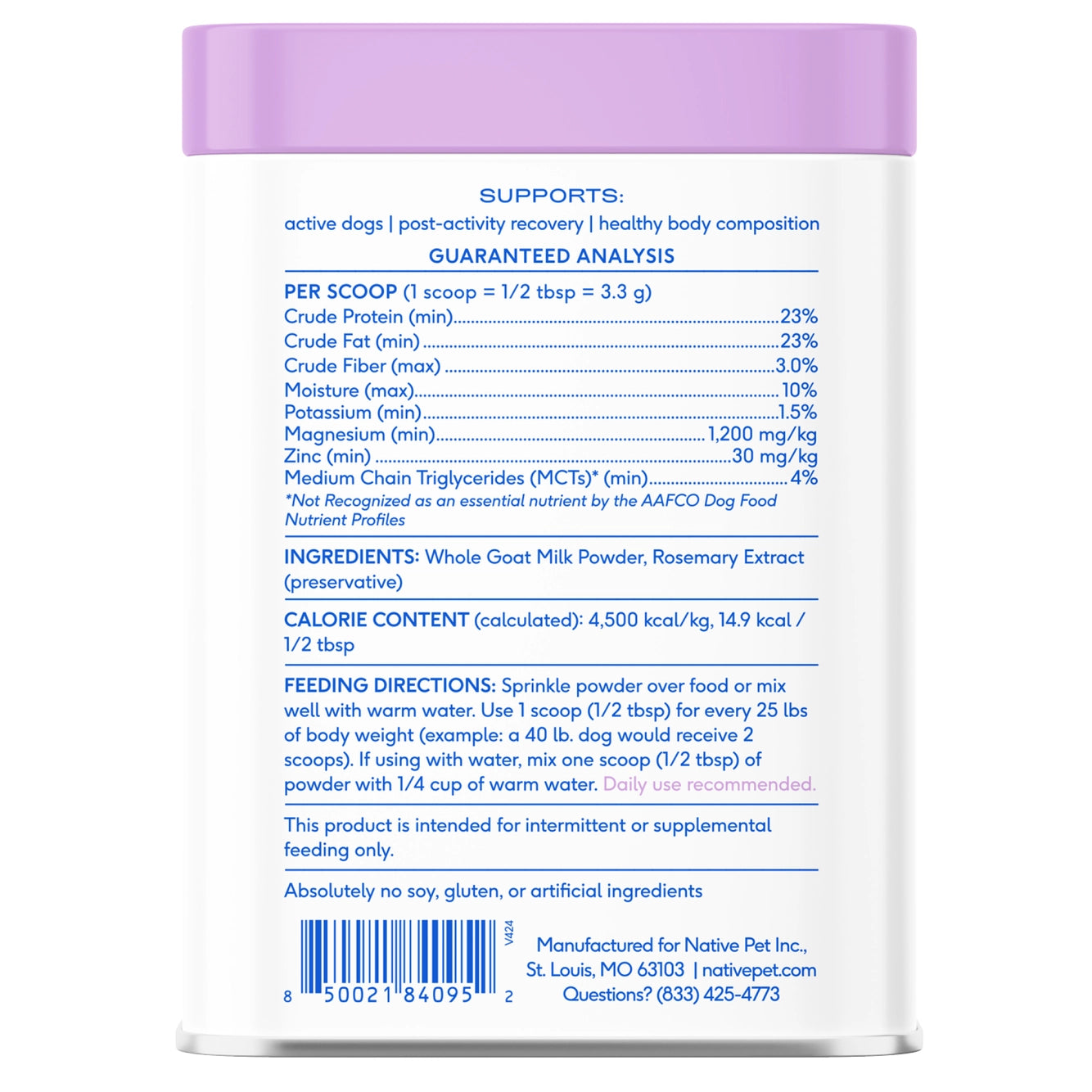 Native Pet Goat Milk Powder Recovery & Energy Support For Active Dogs