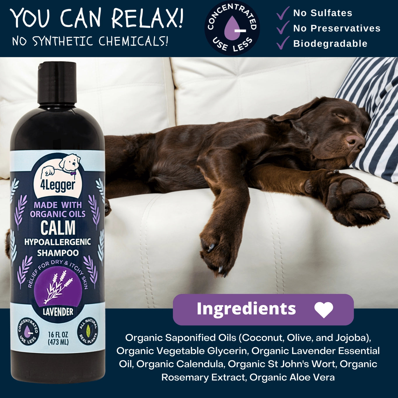 4-Legger Calm Organic Lavender Natural Dog Shampoo with Calendula