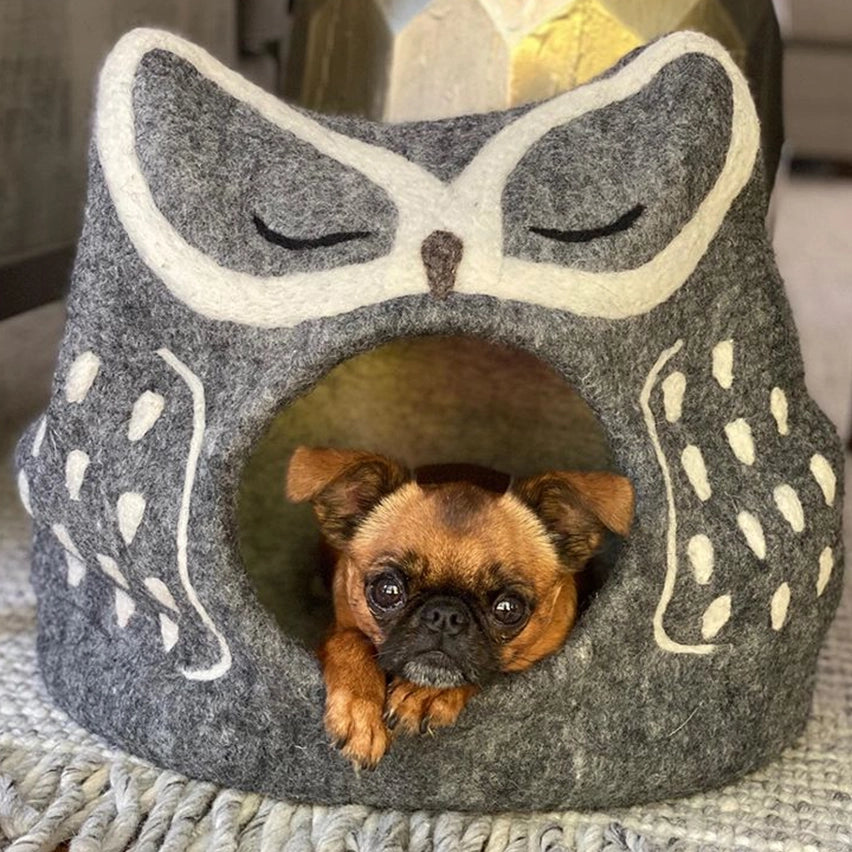 Karma Cat Grey Owl Wool Pet Cave