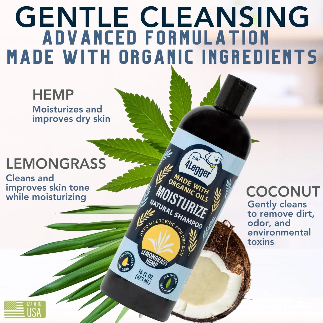 4-Legger Moisturize Organic Hemp Dog Shampoo with Lemongrass