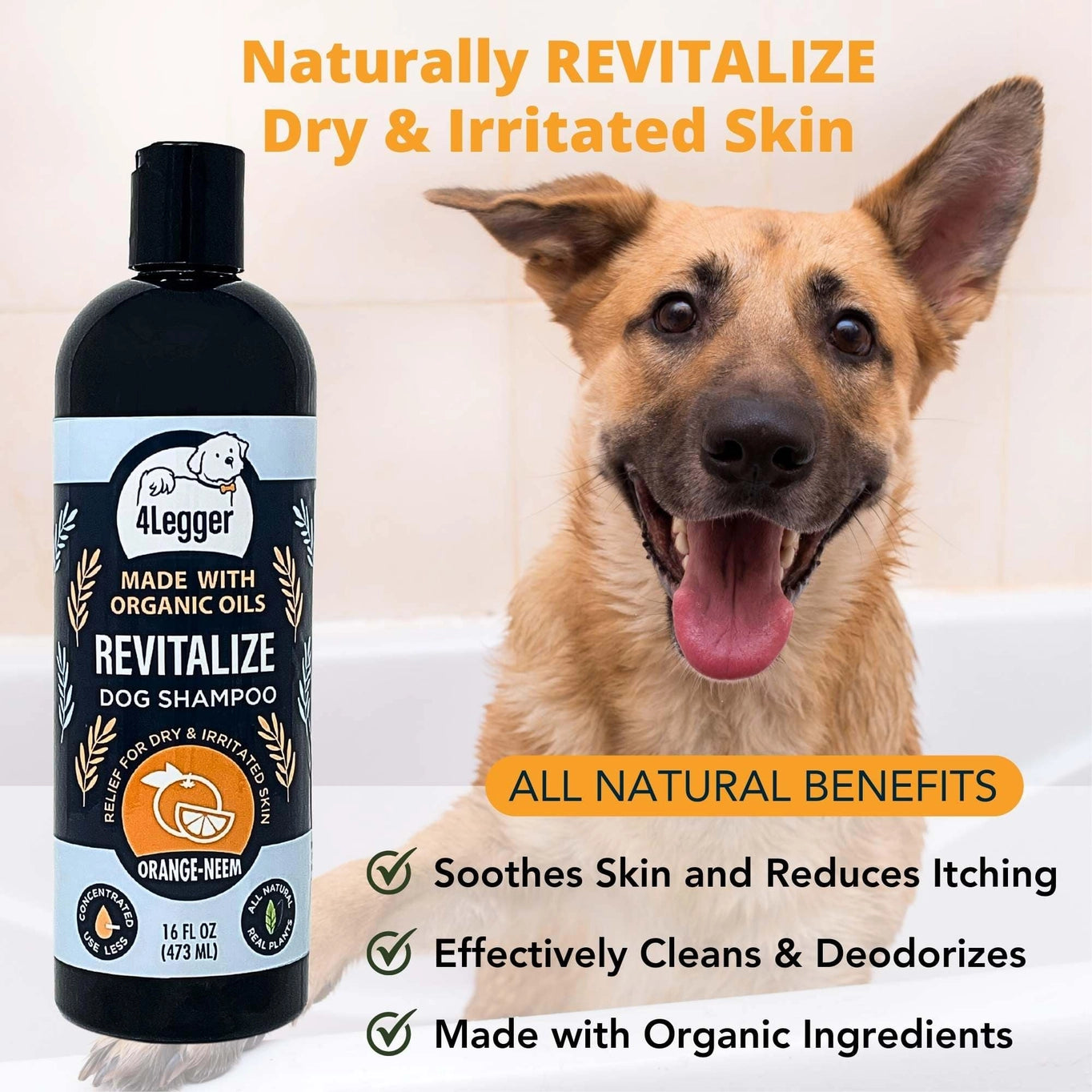 4-Legger Revitalize Organic Neem Dog Shampoo and Orange Essential Oil